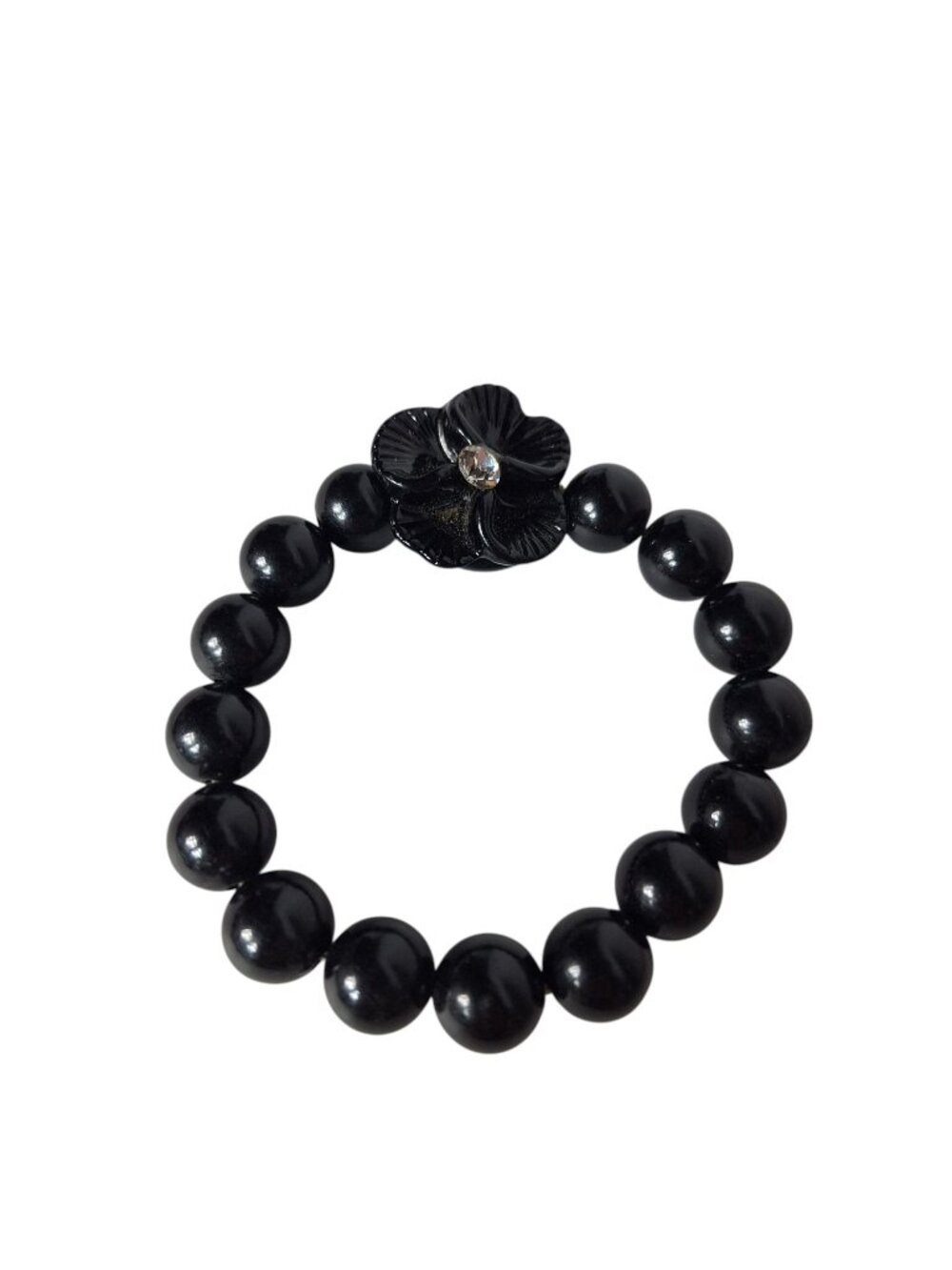 Vintage Black Bead Stretch Bracelet Flower Charm Rhinestone